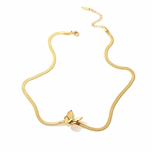 Detailed close-up of gold-plated butterfly pendant on a sleek stainless steel snake chain