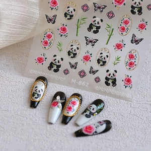 3D geprägte Panda Nagelaufkleber mit Bambus und Blumenmustern Modell M-862