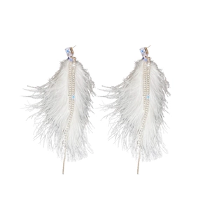 Elegant white feather drop earrings with sparkling rhinestones and crystal studs for women