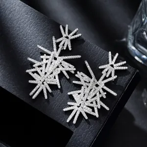 Radial Starburst Snowflake Dangle Earrings For Women With 925 Sterling Silver Post Copper Zirconia Inlaid Fashion Jewelry