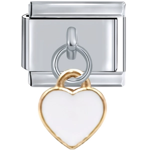 Macro view of modular stainless steel link with white enamel heart charm pendant