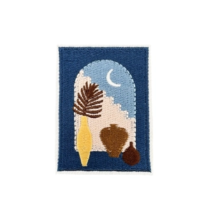 Bohemian rectangle embroidery patch with moon, palm leaf and vase on dark blue backdrop