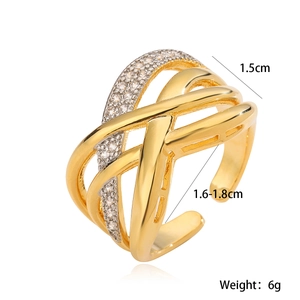 Irregular geometric 18K gold plated copper ring with layered cross design and zircons