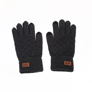 Black knit touchscreen winter gloves with Winter Is Here leather patch on plain white background