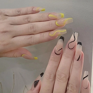 Long Coffin Press On Nails Yellow And Black Wave Line Geometric Resin DIY Manicure Elegant Artificial Fingernails Women