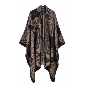 Detailed knit pattern on ethnic style black and khaki paisley shawl wrap for women