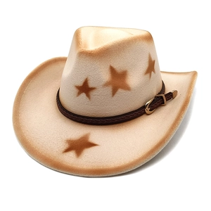 Western wool cowboy hat in cream with brown star print and braided buckle band