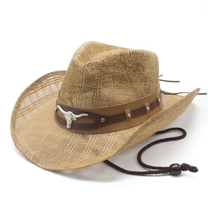 Western straw cowboy hat with a metal bull head emblem and adjustable chin strap