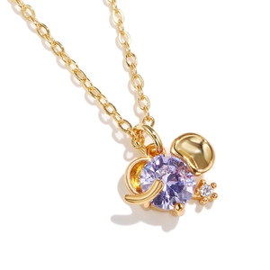 Minimalist 18K gold plated elephant necklace with purple gemstone and white crystal pendant