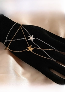 Detailed close-up of starfish pendants in gold and silver finishes on stainless steel