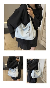 Detail view of white soft leather tote bag with stylish double zipper accents