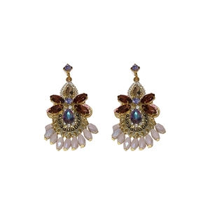 Luxurious bohemian drop tassel earrings with crystal rhinestones and golden metal finish