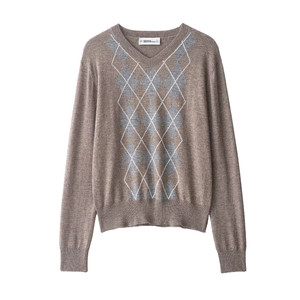 Women Vintage Argyle Knitted Top V-Neck Long Sleeve Brown Polyester Pullover Casual Geometric Pattern Knitwear