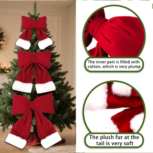 Detail of red Christmas bows with white plush edges and soft cotton filling texture