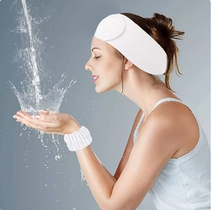 White coral fleece headband and wristbands set for yoga and washing face, 3 pieces