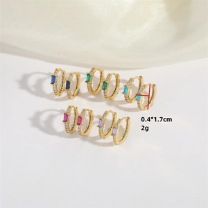 Five small French vintage hoop earrings with colorful rectangle stones and white diamonds