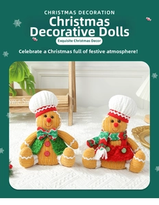 Detail of Christmas gingerbread couple plush dolls with knitted texture and festive outfits