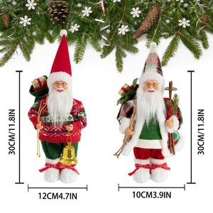 Detailed size dimensions for 12-inch standing Santa Claus dolls in festive holiday outfits