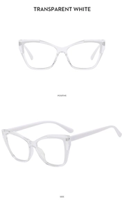 Detailed front and side views of transparent white cat-eye TR90 eyewear frames