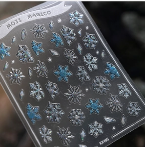 Detail of 3D winter snowflake nail stickers in blue and silver glitter, style KX495