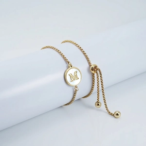 Initial Bracelet 18K Gold Plated Stainless Steel Mother Of Artificial Pearl Round Pendant Adjustable Box Chain Jewelry For Women