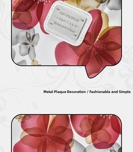 Close-up of printed floral leather handbag with a rectangular silver metal logo plate