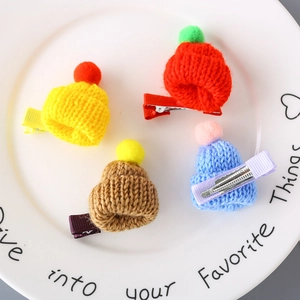 Cute mini knitted beanie hair clips set with colorful pom-poms for babies and kids