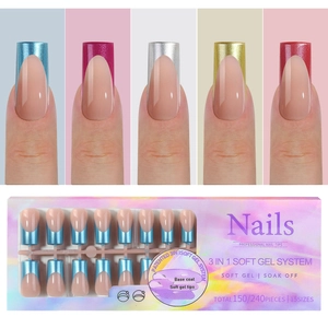 Detail of 3-in-1 soft gel French nail tips kit showing various chrome colors and packaging