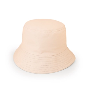 Detail of light pink cotton bucket hat showing parallel stitching on the brim