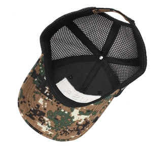 Inside view of digital camo trucker hat showing mesh panels and USA embroidery back