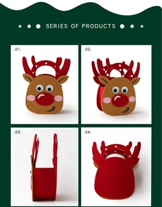 Four-angle view of reindeer felt Christmas gift bag in red and brown with star cutouts