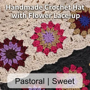 Handmade crochet bonnet with floral patterns and tie-up design for women