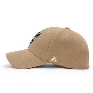 Khaki canvas baseball cap with embroidered H-letter badge and durable curved brim