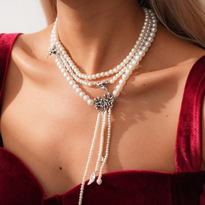 Multilayer Necklace Vintage Retro Faux Artificial Pearl Alloy Angel Cupid Charms Long Tassel Heart Star Pendant Elegant Women