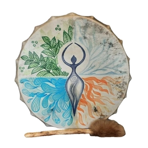 Independence Day Shaman drum with goddess and four elements motifs, including drumstick