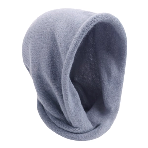 Detailed close-up of light grey knit texture on this winter hooded scarf for women