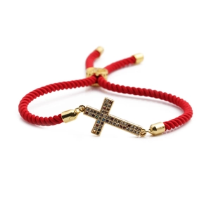 Adjustable red braided rope bracelet with gold-plated cross and colorful zircon stones