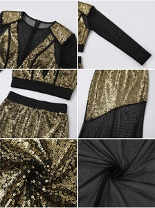 Detail view of gold sequins and sheer mesh stitching on two-piece party dress