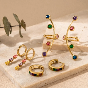 Boucles D Oreilles Zircon Coloré Plaqué Or Acier Inoxydable Goutte Anneau Manchette D Oreille Femme Style Luxe