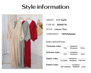 Size chart and style info for V-neck maxi dress showing fabric specs and colors