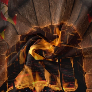 Close-up of translucent Christmas tapestry fabric showing festive fireplace pattern