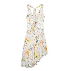 White floral cowl neck summer dress with asymmetrical hem and back tie detail