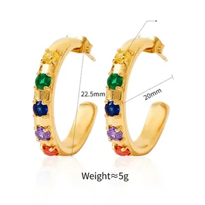 Rainbow CZ stone gold-plated C-shaped earrings with 22.5mm and 20mm dimensions