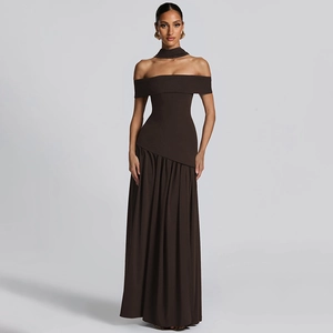 Detailed close-up of dark brown off-shoulder dress with pleated hem and choker design