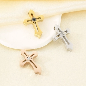 Titanium steel cross necklace with projection stone in gold, silver and rose gold colors