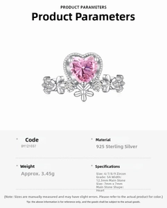 Detail showing S925 sterling silver ring with 7x7mm heart-shaped pink zircon stone