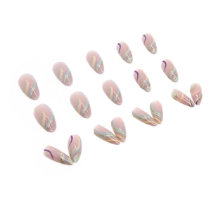 Rainbow wave press-on nails with golden glitter lines in almond shape 24pcs set