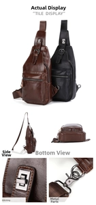 Close-up of premium leather grain and durable metal zipper on men's vintage chest bag