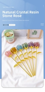 Detailed view of six resin crystal roses with natural stone chips and golden stems