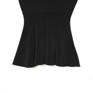 Chic black stretch top with flared hem featuring elegant ruffled fishtail details